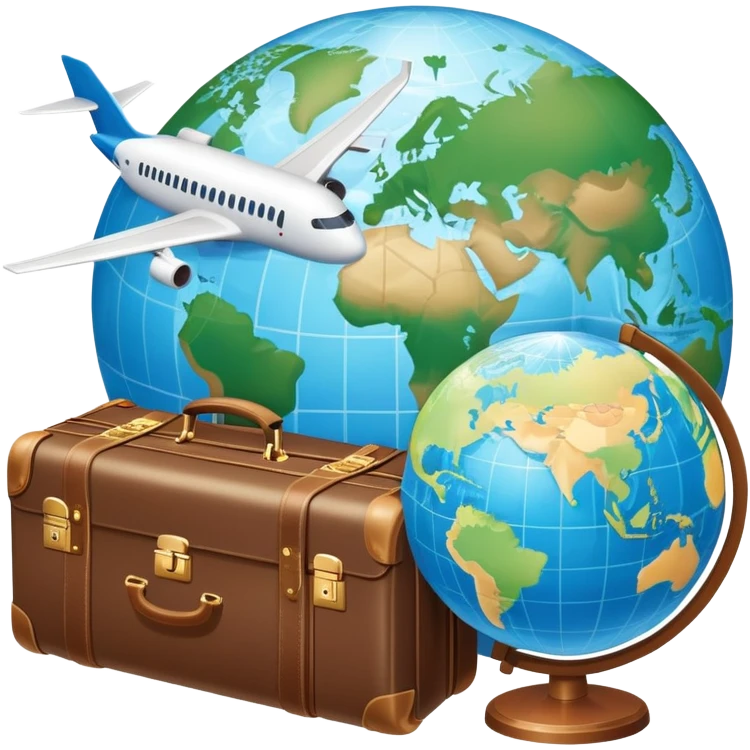 An icon featuring a suitcase, a hotel building, and one globe, symbolizing tourism and hospitality. The design includes a plane and a map, representing travel and accommodation services. Transparent background highlights the global nature of tourism and the hospitality industry. emoji