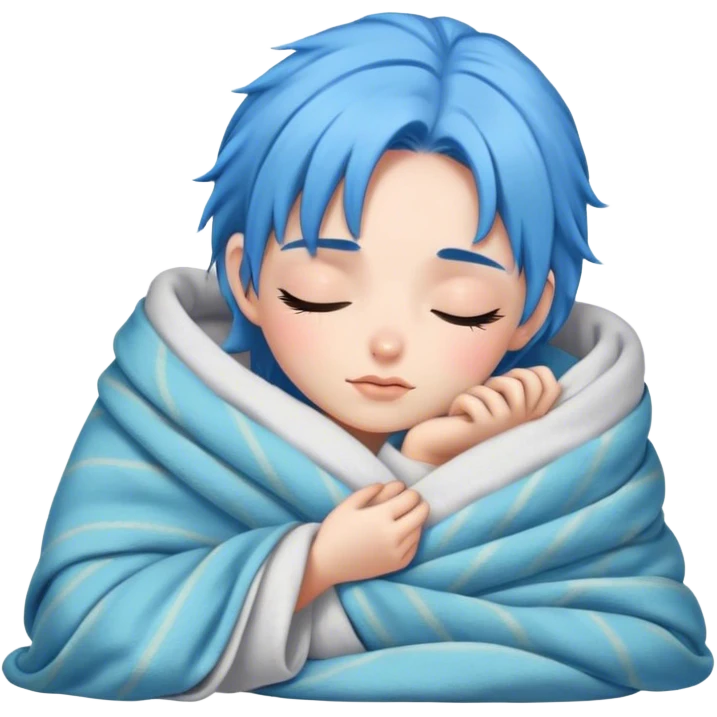 cozy blue haired girl wrapped up in a cozy blanket with eyes closed emoji