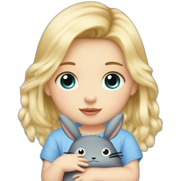 bébé fille blonde décoiffée aux yeux bleus avec une peluche Totoro  emoji