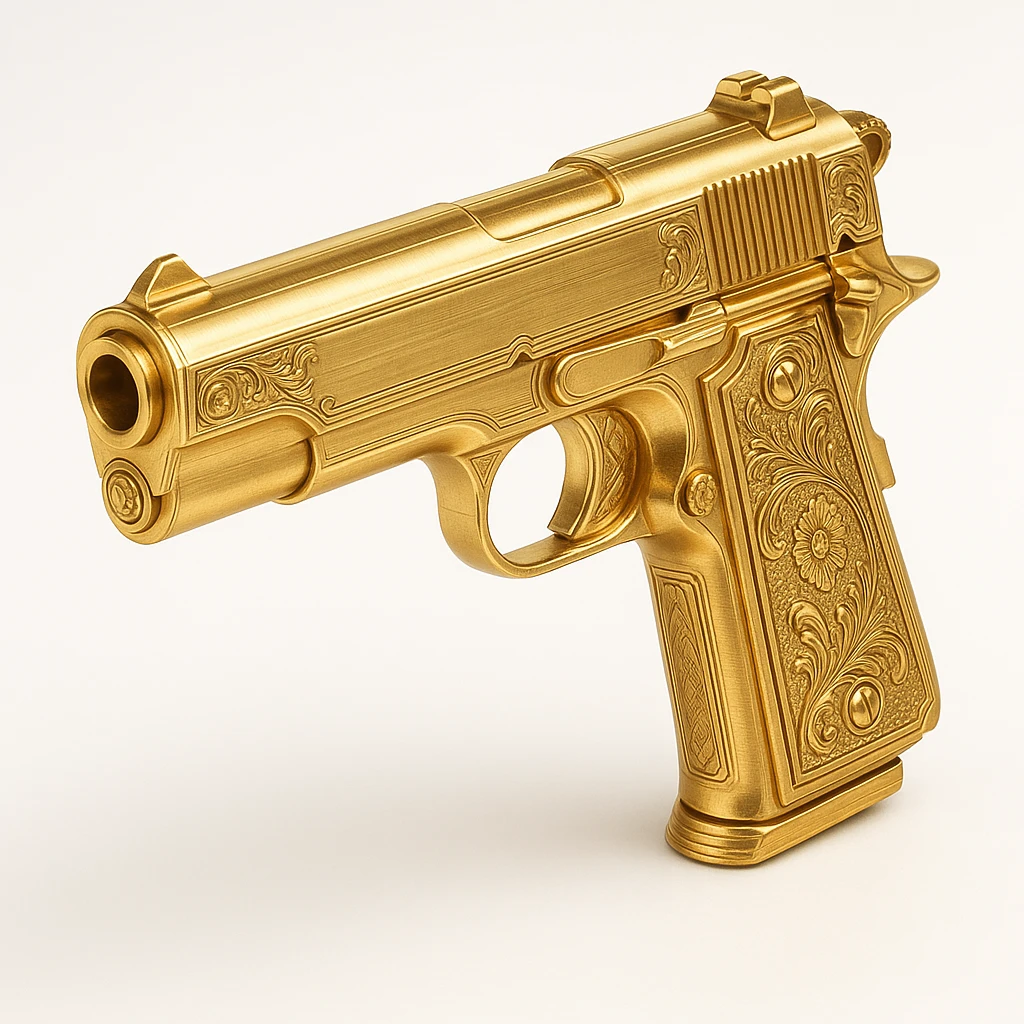 a golden gun, shiny and elegant, in gold objects style emoji