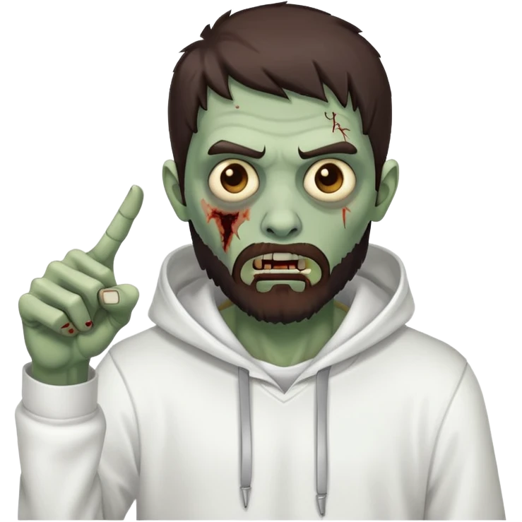 zombie pointing finger wearing plain white hoodie with no designs, dark brown hair and short full beard emoji