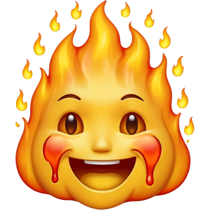 A high-resolution, surreal emoji face with a transparent background. The emoji is simultaneously grinning, crying, and melting while on fire.  emoji