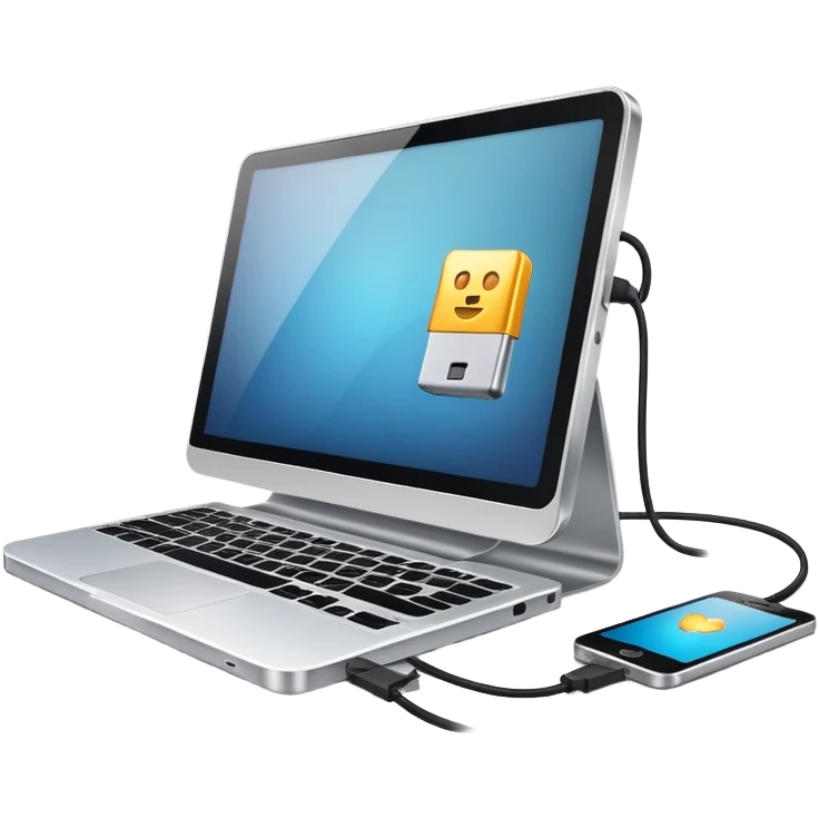 computer connected to smartphone with a USB cable emoji