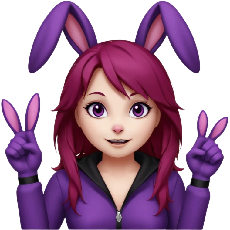 Bunny girl, with dark red crimson hair color, and black bunny ears. Deep purple eyes. Wears a classic bunny suit. List of expressions:
Disappointed expression
Thumbs up with a happy face
Happy face with sparkly eyes
Surprised face like " O_O "
silly and cute dead on the ground with X's on eyes. emoji
