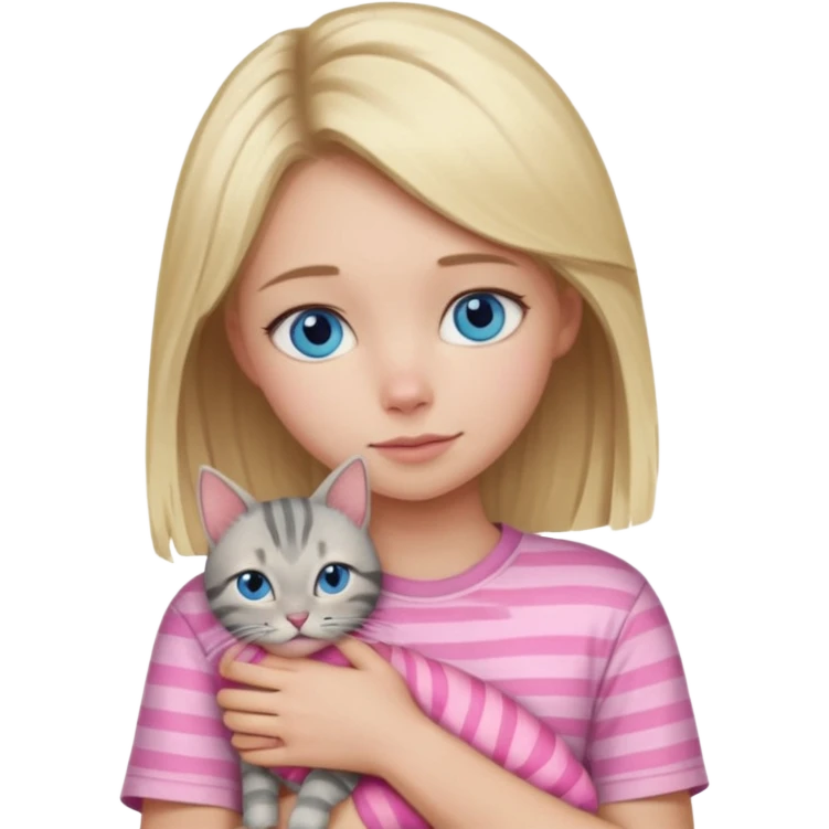 Blonde girl with blue eyes in pink shirt cuddling with grey tabby cat with dark grey stripes emoji