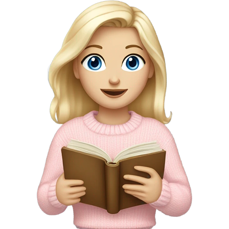 Pretty blue eyed white girl with light pink sweater reading cozy emoji