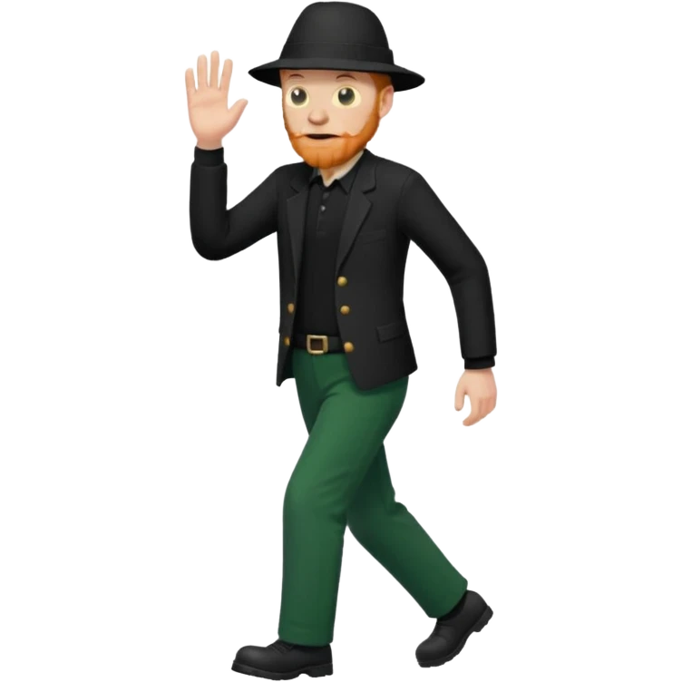 גבר זקן ג'ינג'י מלא כובע שחור הפוך חולמה שחורה ומכנסיים ירוקות ארוכות מבצע צעידה במקום  emoji