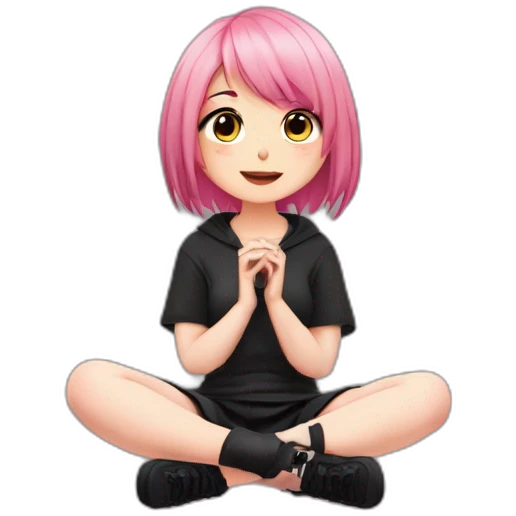 Full body Front view curvy emo girl pink hair sits on the floor straight view hands up black skirt полосатые рваные чулки emoji