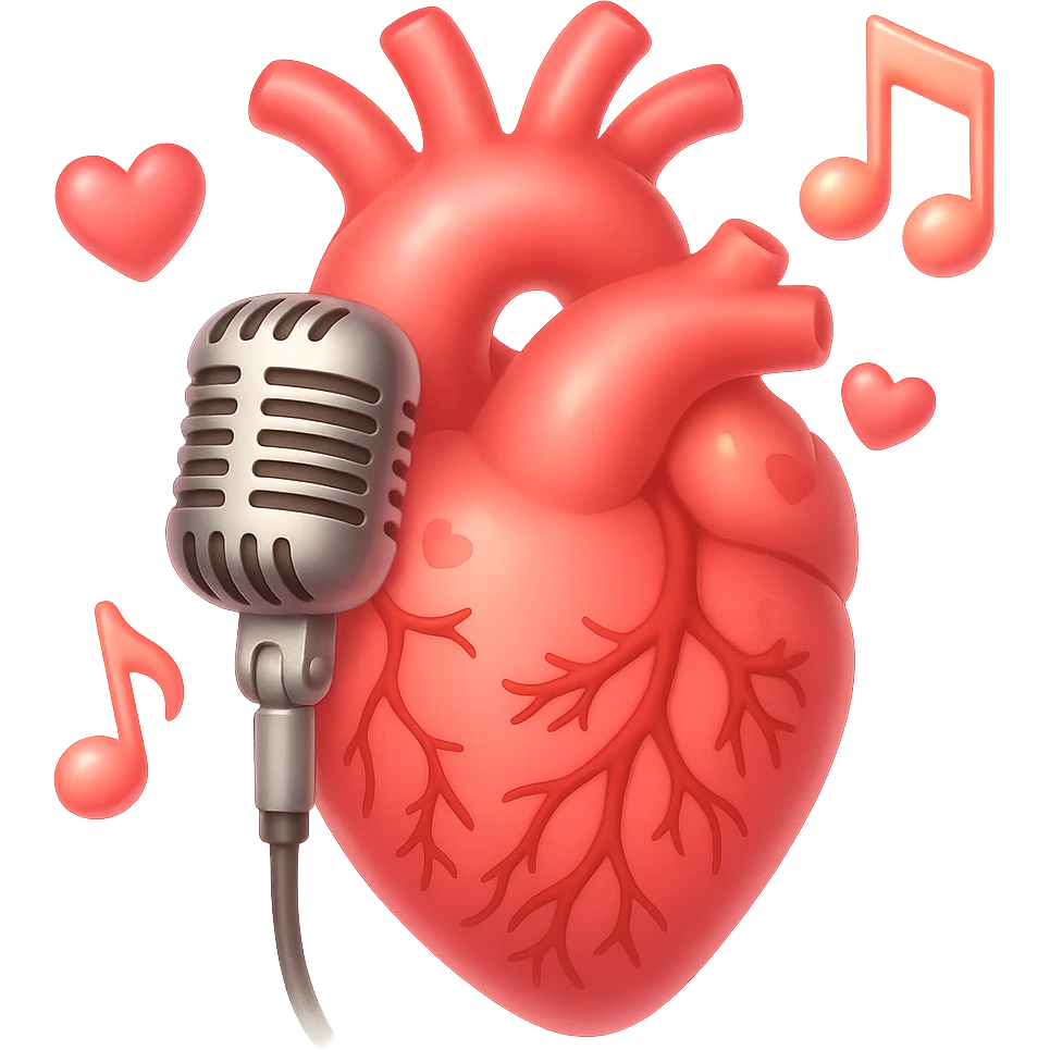 Make the anatomical heart with old-school microphone and music notes even more romantic in emoji style. Add subtle hearts, soft highlights, and a gentle glow. No background. emoji