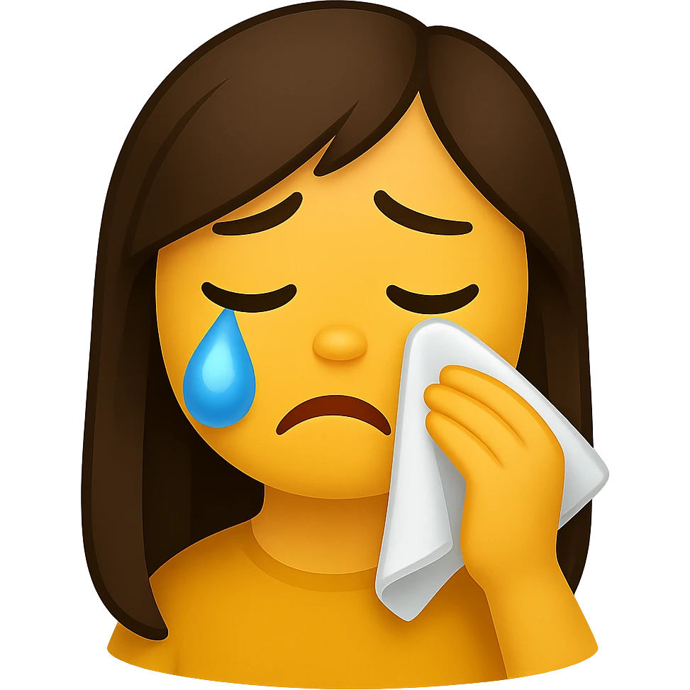 Transform the image into a cartoon-style human character with a round face and light skin, showing one large teardrop falling from the eye, and a big white tissue gently wiping the tear. The background should be clean white. The expression should be emotional. Render in Apple emoji style. emoji