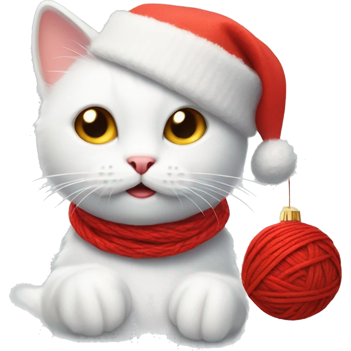white cat with a christmas hat playing with a red ball of yarn emoji