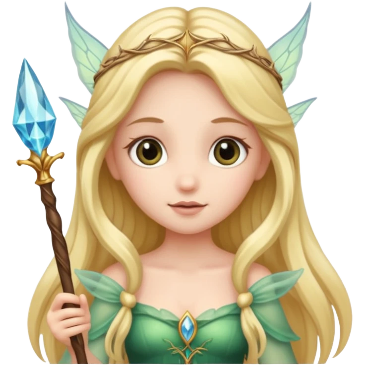 long haired fairy with normal sized eyes and a wand emoji