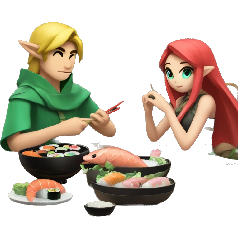 Link eating sushi next to Mipha emoji
