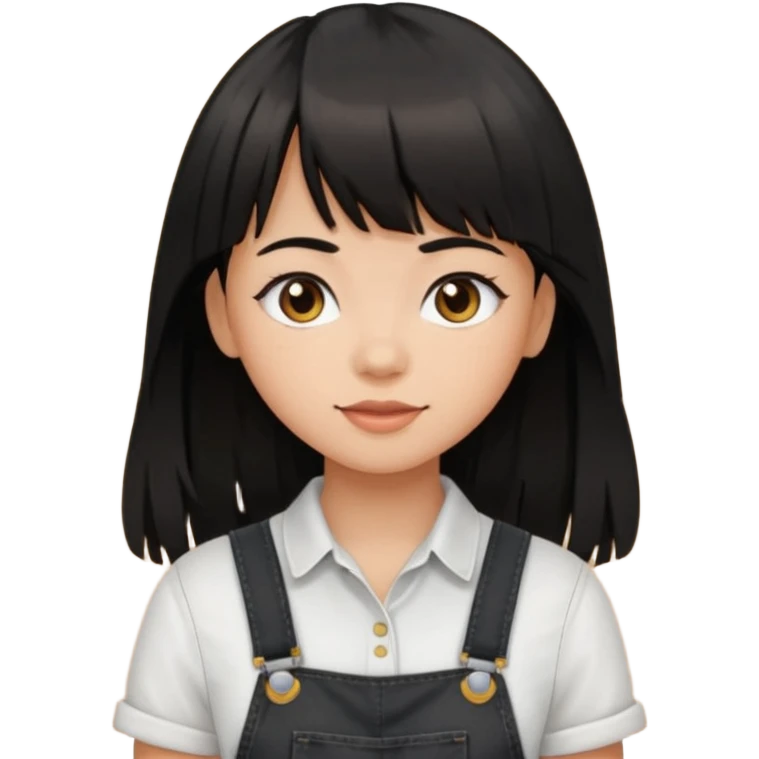 Make it a girl wil long hair like this and look like this  she has brown ish black hair and if has bangs with black overalls and a white shirt she’s not asian emoji