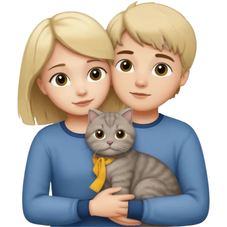 Blonde girl and brunette boy hugging a grey scottish fold cat emoji