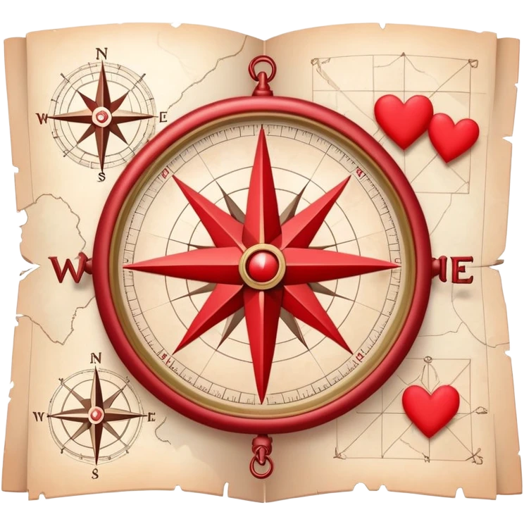 Folded cartography map with compass rose and scale, featuring red hearts as relationship markers and different symbols representing other meaningful life experiences, soft ethereal coloring emoji
