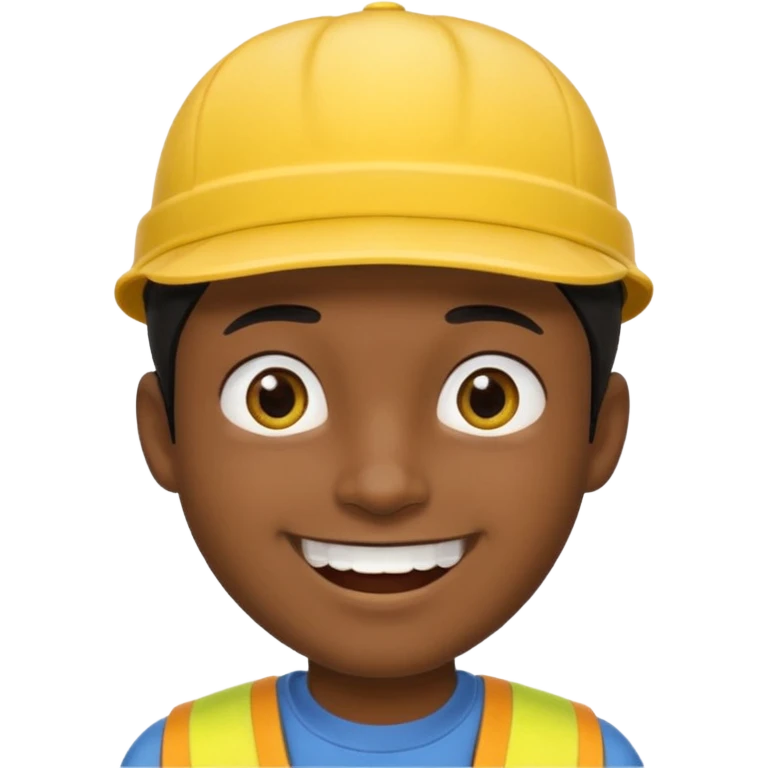 A man with dark skin tone, wearing a bright yellow cap, short black hair mostly covered by the cap, large brown eyes, and a wide smile showing his teeth. emoji