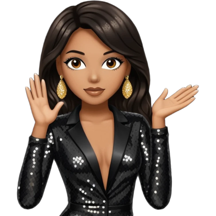 Monica Arnold, R&B Singer with long dark brown hair, black sequin outfit, tan skin emoji