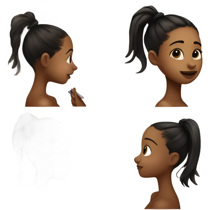 Side profile of a drying on paper of a girl in stick man style with hyper pigmentation on her cheek and a black, turning white ponytail ￼ emoji