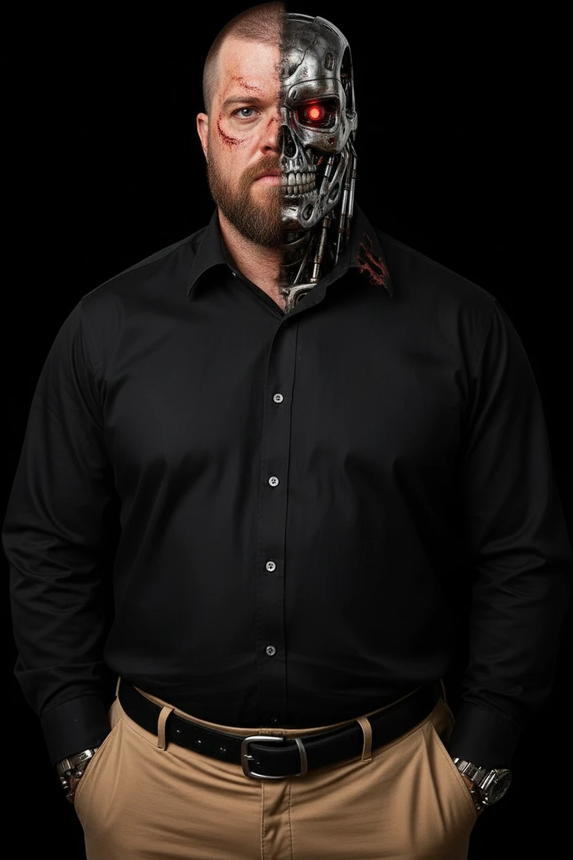 Turn this man into a realistic terminator with attire like in the movie and  as depicted in the movies, with part of the robotic structure showing in the face and half his regular face, make him more muscular emoji