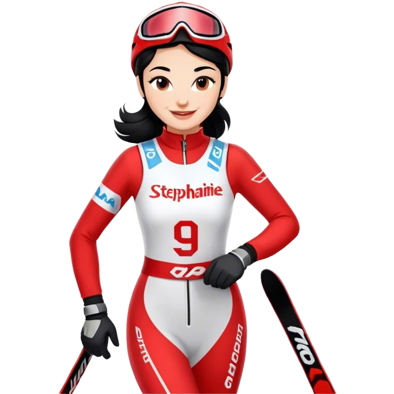 Ski racer woman red white dress with the name STEPHANIE on the dress black hair smile emoji
