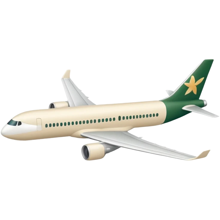 long passenger airplane, fully light beige (milky) color, only dark green (#173e12) inserts, no other colors, Apple emoji style, simple shapes, no text emoji