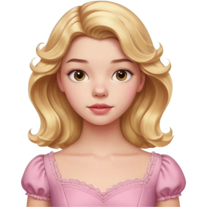 Cinematic Realistic Anya Taylor Joy Portrait, depicted with lifelike skin texture, subtle rosy undertones, and soft natural lighting that enhances the sweet blush contours of her face. Her intricately detailed golden blonde hair is elegantly wavy, and pink dress corquette emoji