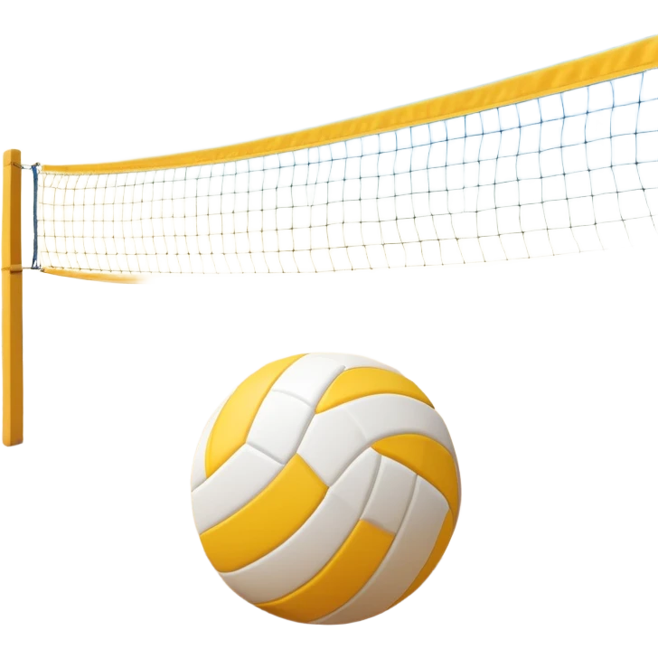 A volleyball resting on the yellow sand on a beach, with the net in the background and a scenic view of the ocean and sky. The scene captures the relaxed yet competitive vibe of beach volleyball, with warm sunlight and the natural beauty of the beach. emoji