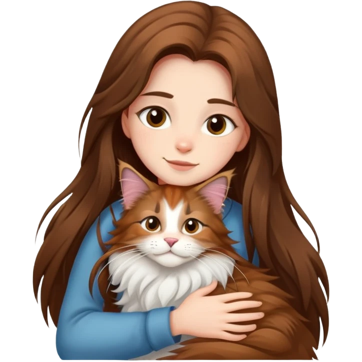 A girl with long  hair tightly hugged a Maine coon emoji