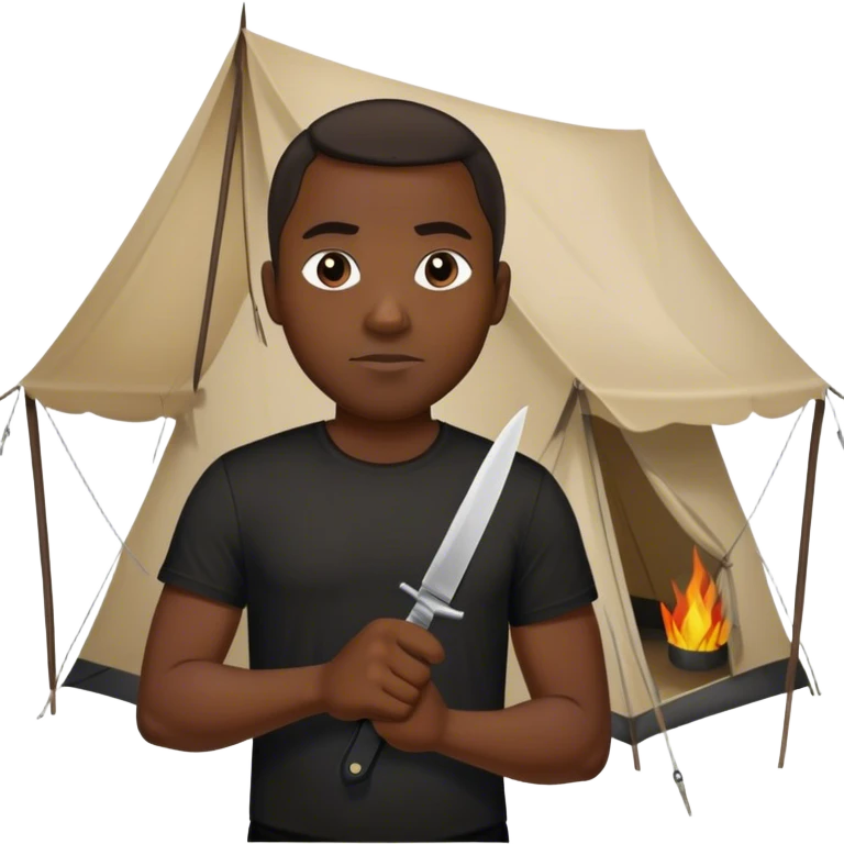 dark skinned black man standing in front of tent wearing a black t shirt holding a knife emoji