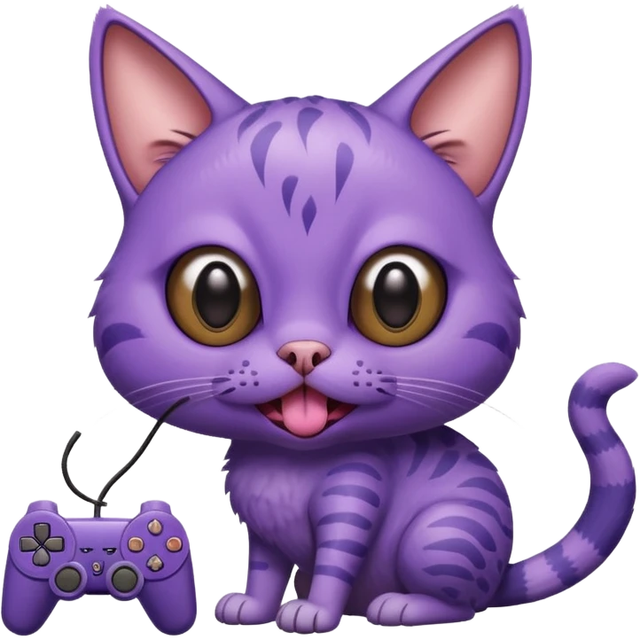 purple cat with huge eyes smelly lines and their massive brown tongue out also a playstation next to it and an ostrich on its back realistic emoji