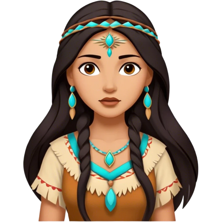 Cinematic Realistic Elegant Pocahontas Portrait, depicted with sun-kissed, warm skin rendered in lifelike detail and soft, natural lighting that accentuates its gentle glow. Her long, flowing dark hair is intricately detailed with natural movement, and her wise, expressive eyes shine with a deep, serene intensity. She is dressed in traditional attire with rich earthy tones and subtle turquoise accents, each fabric fold and texture rendered authentically. The portrait exudes a natural radiance that captures the timeless, indigenous beauty of Pocahontas with depth and authenticity. emoji