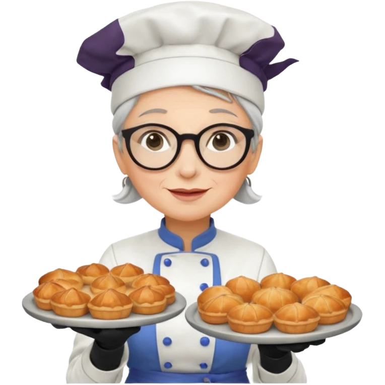 Older female pastry chef – round glasses, oven mitts on, holding a tray of pastries.

 emoji
