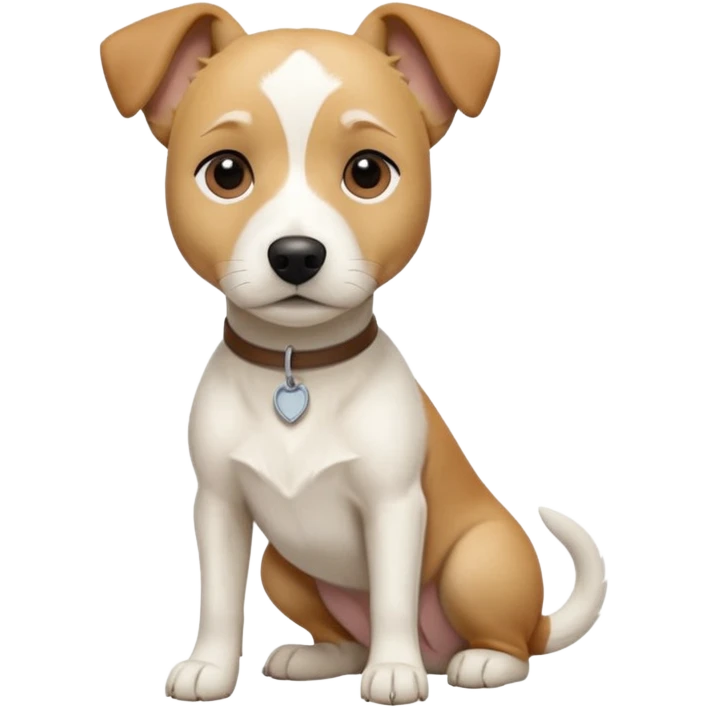 a full body facing front on of a buff white beagle cross jack russell terrier looking dog the size of a kelpie with light brown long ears resting on its face and a light brown patch above one eye and a large snout. the rest of the dog is completely white.  emoji