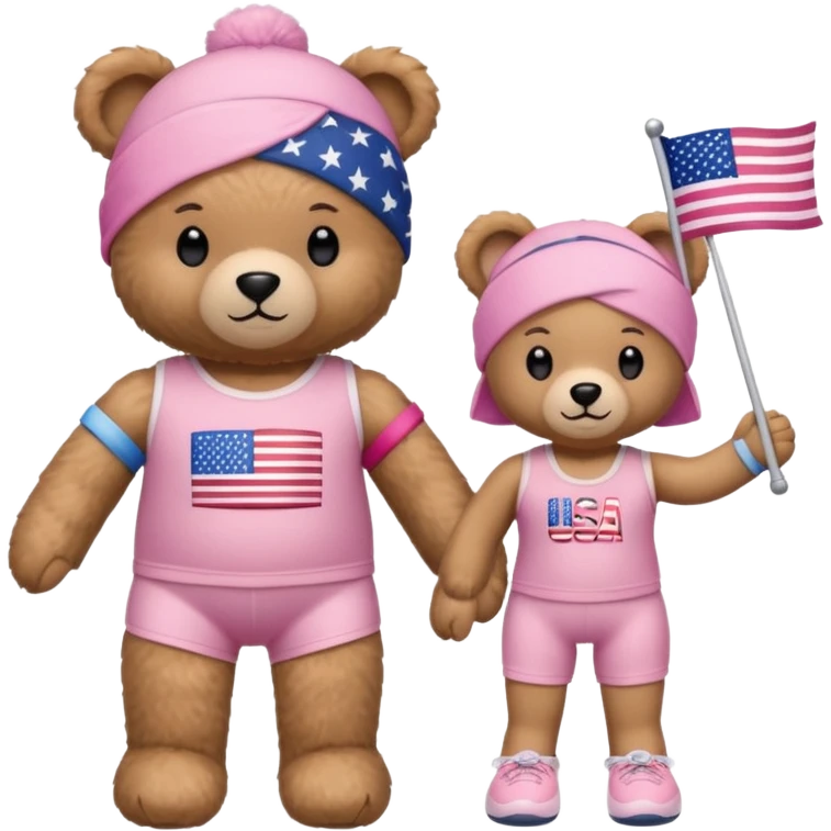 osito de peluche cafe claro con ropita rosa claro y estapado de la bandera de usa y otro con una liga de pilates en la cabeza y con ropa deportiva emoji
