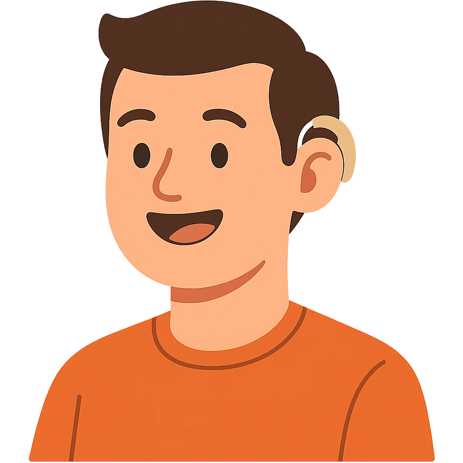 flat toon style man with a friendly expression and hearing aid emoji