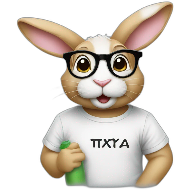 a rabbit with glasses and a T-shirt with the inscription Тишотка emoji
