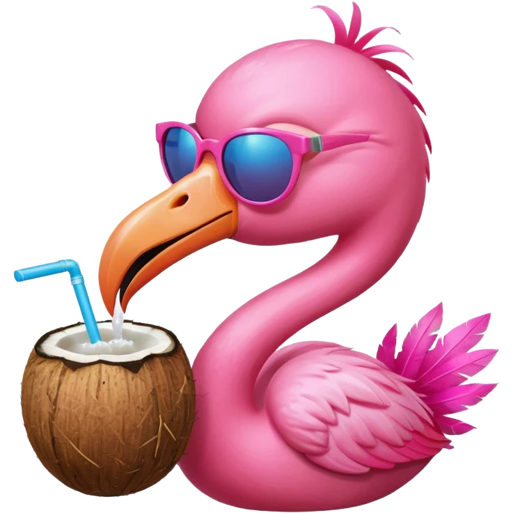 a flamingo with sunglasses and drinking a coconut, very beach summer vibes emoji