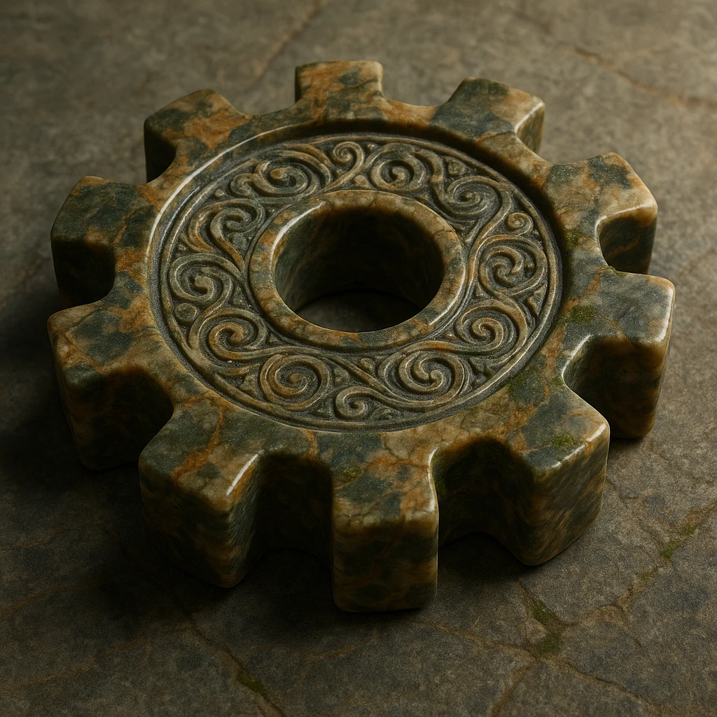polished stone gear with intricate patterns, veins, and moss accents, emphasizing volume and texture emoji