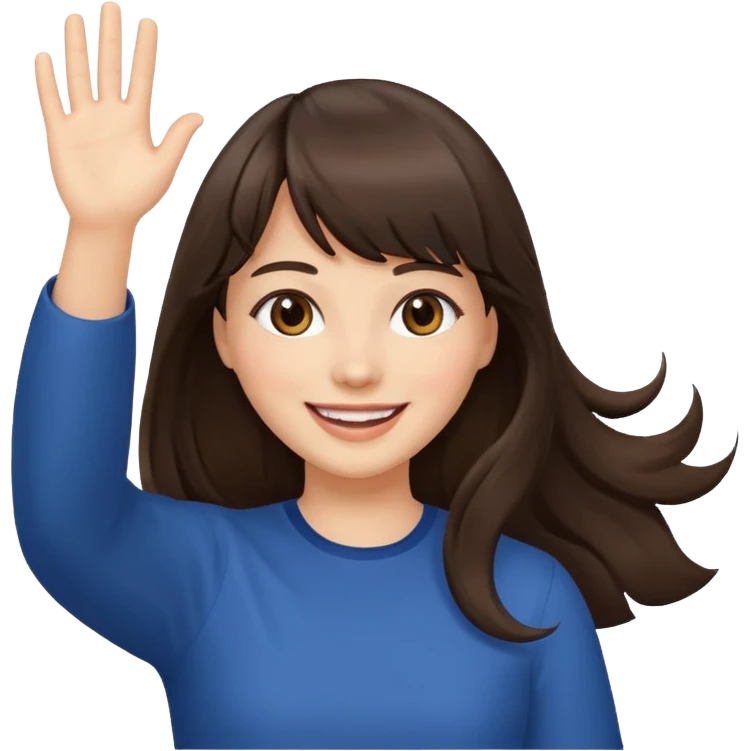 brunette woman with bangs and long hair waving, happy emoji