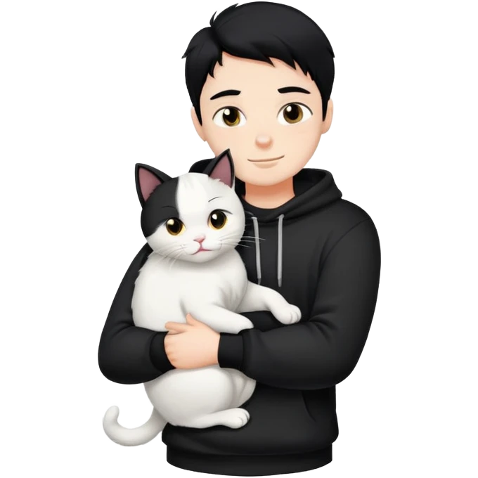 A bad boy with black hair wearing a sweatshirt happily hugs a white cat emoji