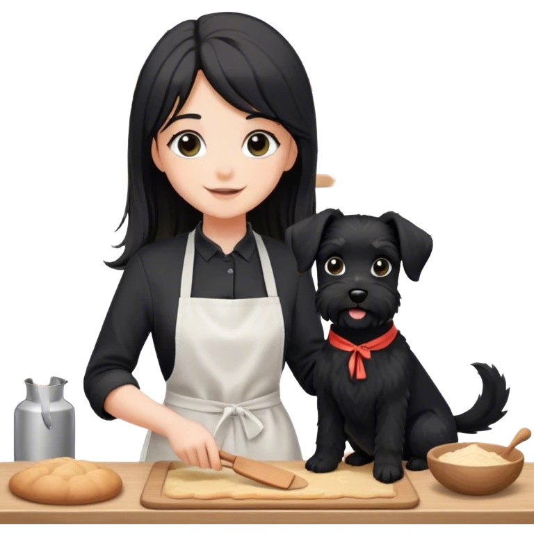 pale smiling girl baking with long back hair wearing black long shirt wearing apron holding black  schnauzer emoji