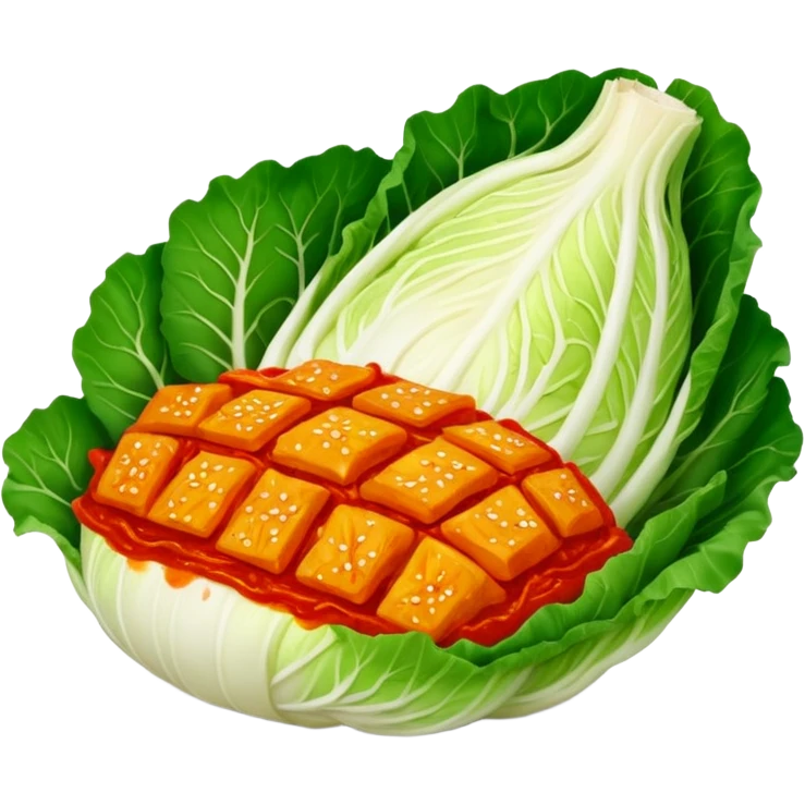 Korean kimchi napa cabbage, all parts red with red sauce, no face emoji