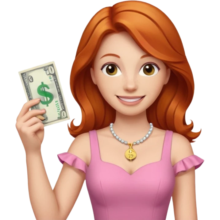 ginger hair Woman wearing pink dress holding dolar emoji