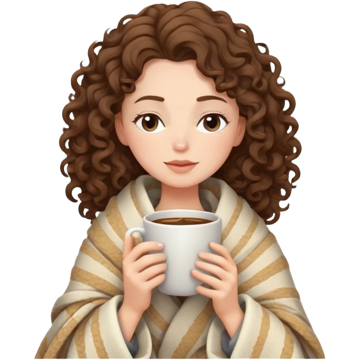 White girl with curly brunette hair wrapped in a cozy blanket sipping coffee with eyes closed peacefully emoji