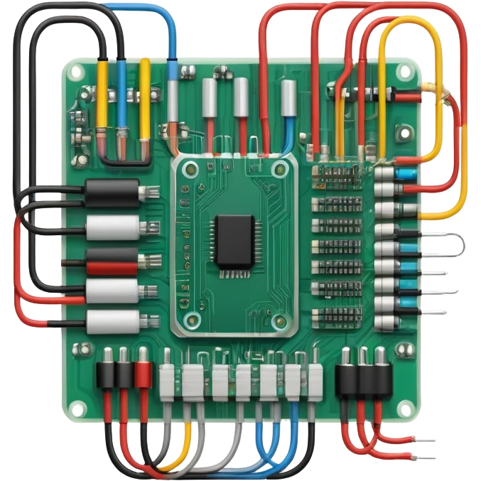 An icon featuring a circuit board, electrical wires, symbolizing electrical engineering. The design includes resistors, capacitors, and a power transformer, representing the study of electrical systems and innovation. Transparent background highlights modern electrical technology emoji