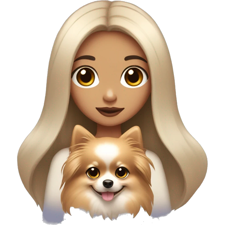 A girl with long black hair, light brown eyes, big lips, fair skin, holding a light pomeranian in her hands emoji