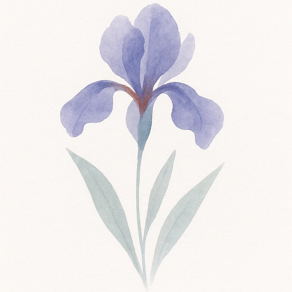 iris flower in watercolor art style, flowing brushstrokes, rich purple and blue hues, elegant shape, naturalistic leaves emoji
