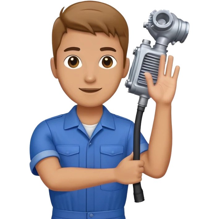 employee holding a car engine part in one arm, waving right hand, wearing a blue jumpsuit uniform emoji