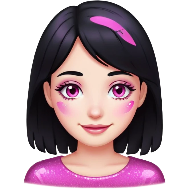 smiling girl with black hair, pink glitter tears, no heart eyes emoji